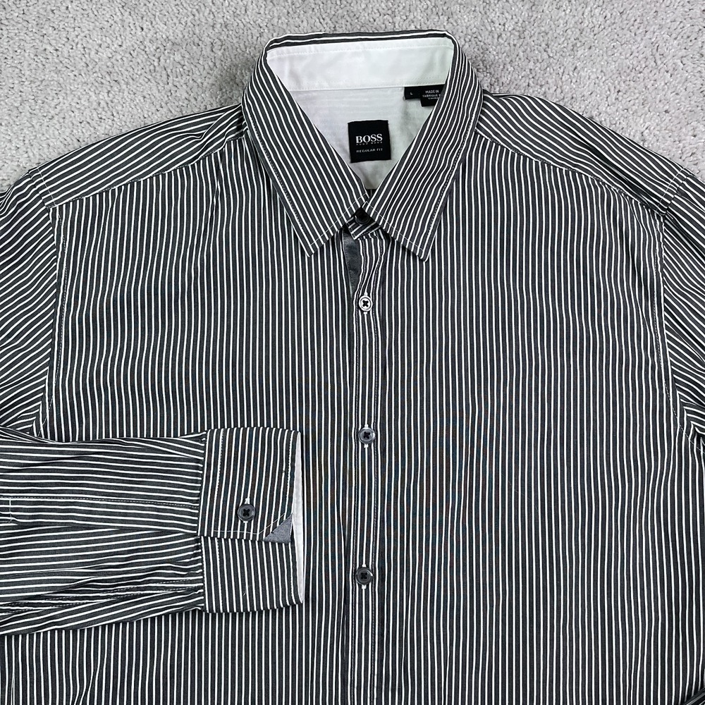 Hugo Boss Shirt Mens Large Grey‎ Stripes Obert Modern Regular Fit Button Up